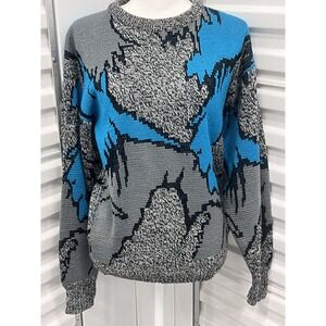 Vintage 80s 90s Cosby Style Frontline Sweater  Teal Blue Chunky Knit Retro